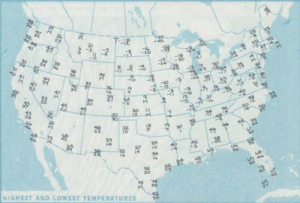 National Weather Service high and low temperature map (Fahrenheit) from January 17, 1982. Cold Sunday 1982-01-17 temperature map.png