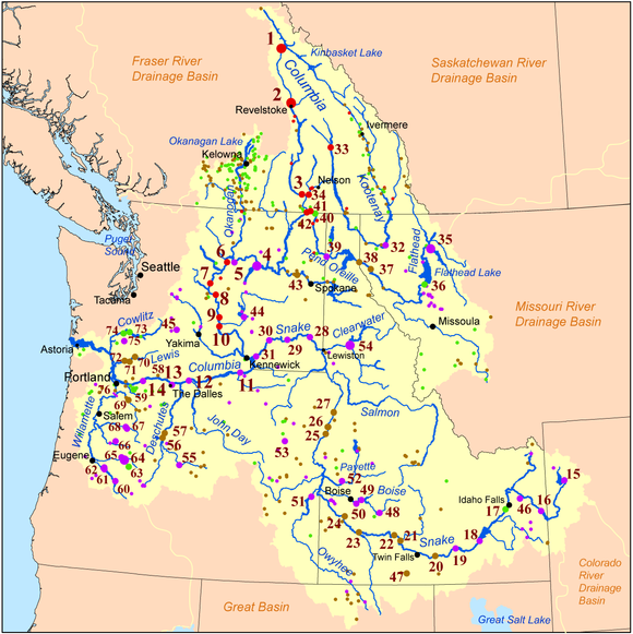 Prominent dams of the Columbia River Basin. Color indicates dam ownership: .mw-parser-output .legend{page-break-inside:avoid;break-inside:avoid-column}.mw-parser-output .legend-color{display:inline-block;min-width:1.25em;height:1.25em;line-height:1.25;margin:1px 0;text-align:center;border:1px solid black;background-color:transparent;color:black}.mw-parser-output .legend-text{}  US Federal government   Public utilities   State, provincial, or local government   Private