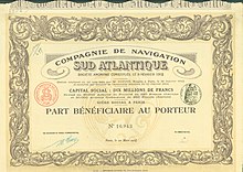 Part Beneficiaire au Porteur of the Compagnie de Navigation Sud Atlantique S. A., issued 20 March 1914 Comp. de Navigation Sud Atlantique S. A. 1914.jpg