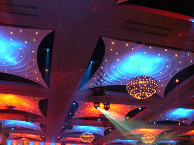 The ornate modern ceiling of the Crown Palladium room