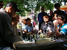 Chess players in Harvard Square Dean Metrovich chess in Harvard Square Photo Steve Stepak 2007.JPG