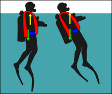 Diver with high centre of buoyancy will tend to rotate less Diver with early jacket BCD stabilised at surface.png