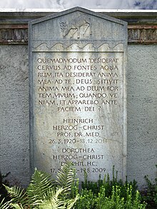 Dorothea Herzog-Christ (1921–2009) art historian, art critic, author.  Grave cemetery Wolfgottesacker, Basel, funerary inscription: As the stag screams for a fresh spring with aching desire, so my soul cries out full of longing, God, for you.  Only after you, living God, does she thirst in her need.  Oh, when will it happen that I can see your face?