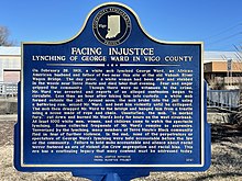 Straight on photo of the Equal Justice Initiative Marker commemorating the lynching of George Ward. While the bridge where the hanging took place no longer exists, the U.S. 150 bridge crosses nearby. EJI Marker George Ward Side 2.jpg