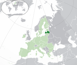 Location of Latvia (dark green) - in Europe (green & dark grey) - in the European Union (green)  -  [Legend]