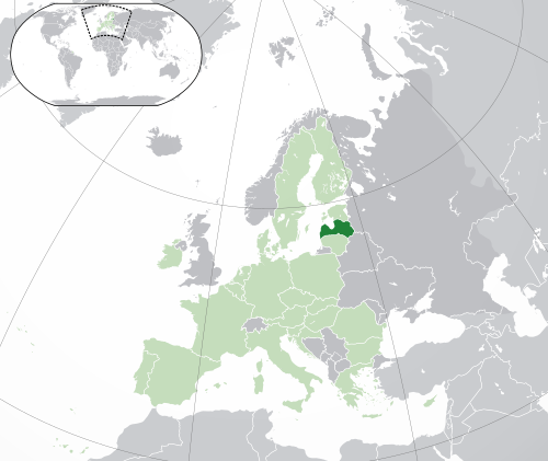 Location of Latvia (dark green) – in Europe (green & dark grey) – in the European Union (green)  –  [Legend]