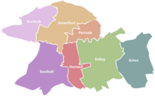 Map of the London Borough of Ealing, showing the location of Acton, one of Ealing's seven major towns.