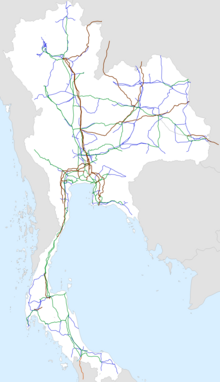 Electrical power grid with 500 kV (brown), 225 kV (green) and 110 kV (blue) lines in 2022 Electrical Power Grid - Thailand.png