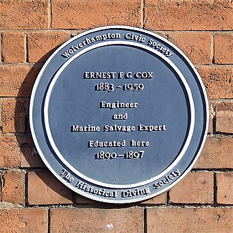 Wolverhampton Civic Society plaque to Ernest Cox, an engineer noted for his marine salvage proficiency.