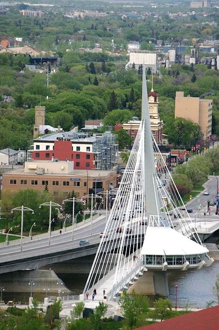 Esplanade Riel with the Provencher Bridge to the left Esplanade Riel bridge Winnipeg, Manitoba.jpg