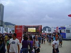 Fans during the 2010 FIFA World Cup third-place match between Germany and Uruguay at the FIFA Fan Fest Arena in Copacabana Beach, Rio de Janeiro