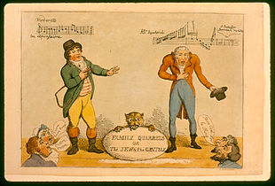 "Family Quarrels, or The Jew and the Gentile" - cartoon c. 1802 by Thomas Rowlandson depicting the singers John Braham (right) and Charles Incledon Family Quarrels, or The Jew and the Gentile.jpg