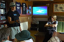 A wildlife advocate during an education session on board RV Farley Mowat Farley Mowat, Melbourne.jpg