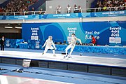 Deutsch: Fechten bei den Olympischen Jugend-Sommerspielen 2018: Tag 1, 7. Oktober 2018, Jungen, Säbel, Finale - Krisztián Rabb (HUN) - Hyun Jun (KOR) (USA) 15:13 English: Fencing at the 2018 Summer Youth Olympics at 7 October 2018 – Boys' sabre Gold medal match – Krisztián Rabb (HUN) Vs Hyun Jun (KOR) (USA) 15:13