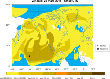 Concentração calculada de césio-137 no ar após o desastre nuclear de Fukushima, 25 de março de 2011
