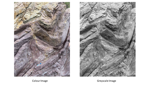 Effect of Colour Image and Greyscale ImageThe figure shows an image of a fold. The left image shows a colour image, while the one in the right shows a grayscale image. The difference in the accuracy of classifying the geological structure between colour images and grayscale images is little. Geological feature recognition.png