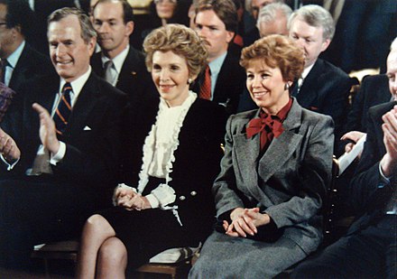 Vice President George H.W. Bush, Reagan, and Raisa Gorbacheva (spouse of Mikhail Gorbachev) in Washington, D.C., 1987