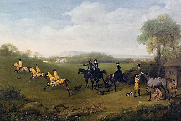 "Racehorses Exercising at Goodwood", 1759 painting by George Stubbs, showing jockeys and grooms wearing yellow livery of Charles Lennox, 3rd Duke of R