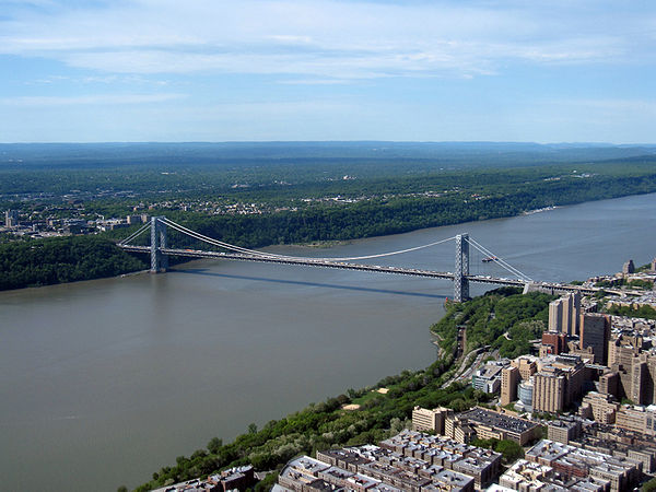 The George Washington Bridge crossing the Hudson River, carrying most traffic on Interstate 95 from New Jersey to New York.