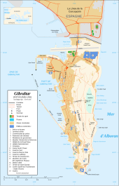 Gibraltar este o peninsulă în formă de triunghi alungit de-a lungul unei axe nord-sud