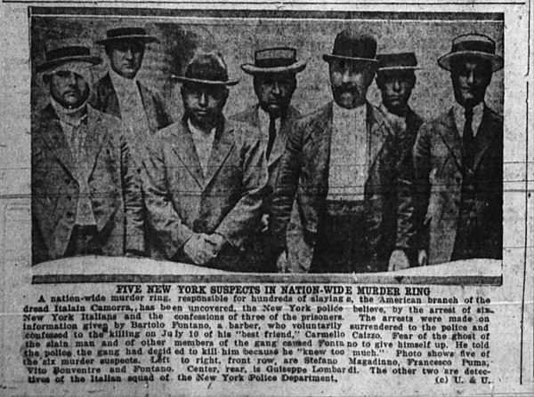 Magaddino with four other "Good Killers" suspects in police custody, 1921. Left to right, front row: Magaddino, Francisco Puma, Vito Bonventre, and Ba