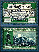 10 Pfennig "Notgeld" banknote (1920) of Greiffenberg (Schlesien), RV: Greiffenstein Castle