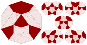 Gummelt's decagon (left) with the decomposition into kites and darts indicated by dashed lines; the thicker darker lines bound an inscribed ace and thick rhomb; possible overlaps (right) are by one or two red aces. Gummelt decagon.svg