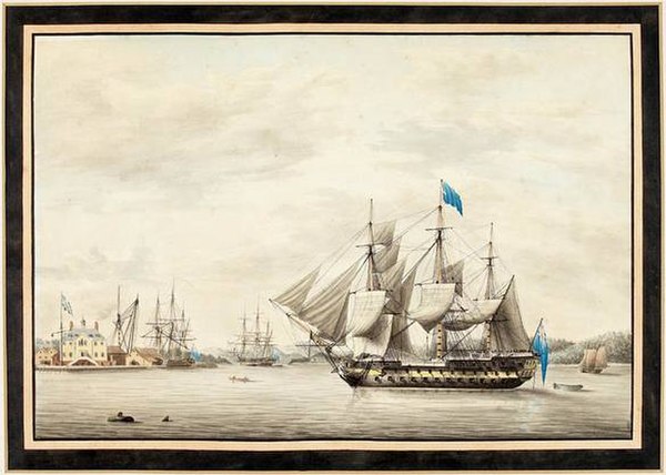 HMS Asia in Halifax Harbour, 1795. Watercolour by George Gustavus Lennock, a lieutenant aboard Asia.
