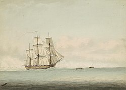 El navío de Zachary Hicks, el HMB Endeavour, en la costa este Australina. Según Samuel Atkins c. 1794.