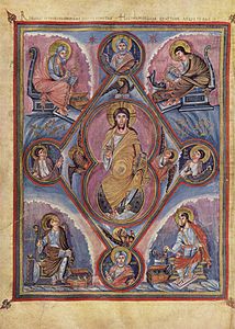 Quattro evangelisti e profeti circondano Cristo. c. 850 da Haregarius di Tours.
