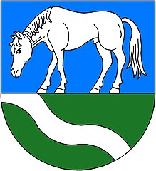 Arms of Hranice, Cheb District, Czech Republic, featuring a horse pacusant argent