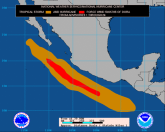 Hurricane and tropical storm-force wind swaths during Dora's existence Hurricane Dora NHC Wind Swath.GIF