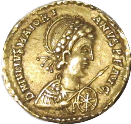 Golden coin depicting man facing right, wearing military garb and wielding a spear and shield