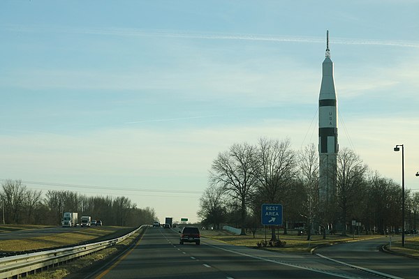 I-65 south Alabama Welcome Center and rest area with the Saturn IB rocket