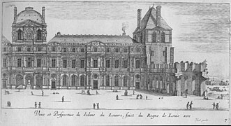 Lemercier's wing pictured at a later date with the Pavillon de Beauvais completed and the start of the north wing heading east, engraving by Israël Silvestre