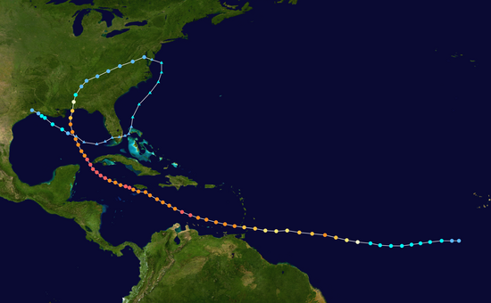 Map plotting the storm's track and intensity, according to the Saffir–Simpson scale.mw-parser-output .hidden-begin{box-sizing:border-box;width:100%;padding:5px;border:none;font-size:95%}.mw-parser-output .hidden-title{font-weight:bold;line-height:1.6;text-align:left}.mw-parser-output .hidden-content{text-align:left}Map key Saffir–Simpson scale .mw-parser-output .div-col{margin-top:0.3em;column-width:30em}.mw-parser-output .div-col-small{font-size:90%}.mw-parser-output .div-col-rules{column-rule:1px solid #aaa}.mw-parser-output .div-col dl,.mw-parser-output .div-col ol,.mw-parser-output .div-col ul{margin-top:0}.mw-parser-output .div-col li,.mw-parser-output .div-col dd{page-break-inside:avoid;break-inside:avoid-column} .mw-parser-output .legend{page-break-inside:avoid;break-inside:avoid-column}.mw-parser-output .legend-color{display:inline-block;min-width:1.25em;height:1.25em;line-height:1.25;margin:1px 0;text-align:center;border:1px solid black;background-color:transparent;color:black}.mw-parser-output .legend-text{}  Tropical depression (≤38 mph, ≤62 km/h)   Tropical storm (39–73 mph, 63–118 km/h)   Category 1 (74–95 mph, 119–153 km/h)   Category 2 (96–110 mph, 154–177 km/h)   Category 3 (111–129 mph, 178–208 km/h)   Category 4 (130–156 mph, 209–251 km/h)   Category 5 (≥157 mph, ≥252 km/h)   Unknown    Storm type  Tropical cyclone  Subtropical cyclone  Extratropical cyclone, remnant low, tropical disturbance, or monsoon depression