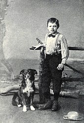 London at the age of nine with his dog Rollo, 1885