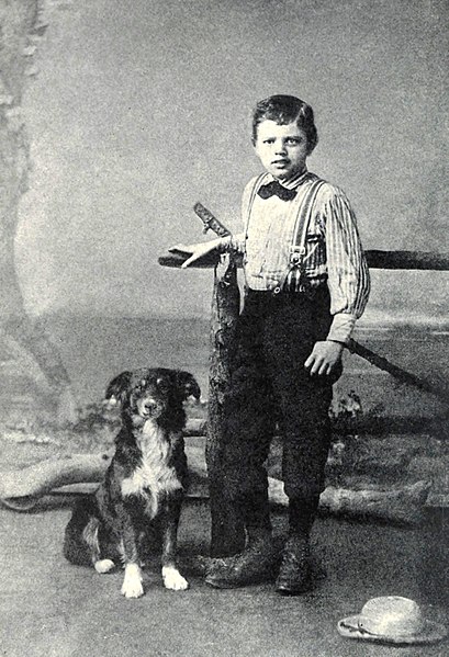 London at the age of nine with his dog Rollo, 1885