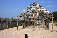 A reconstruction at Historic Jamestowne with post in ground construction and crotched posts inside the palisade wall of Fort James. Attribution: I, Rolfmueller Jamestown 2007 07 04.jpg