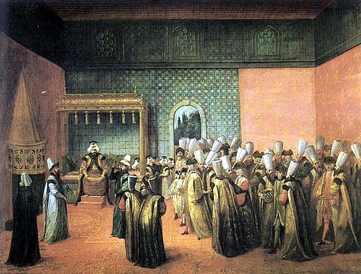 Sultan Ahmed III van het Ottomaanse Rijk ontvangt de Franse ambassadeur in the Diwan-i-Khas op 10 oktober 1724. Schilderij van Jean-Baptiste van Mour
