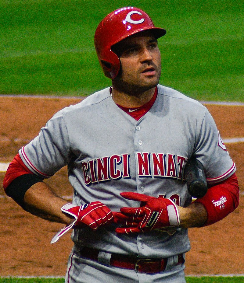 The Mr. Redlegs logo is seen on the jersey of Joey Votto during a
