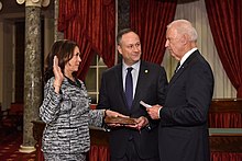 Harris was sworn into the Senate by the vice president, Joe Biden, on January 3, 2017. Kamala Harris takes oath of office as United States Senator by Vice President Joe Biden.jpg