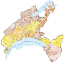 Municipalities in the canton of Vaud Karte Gemeinden des Kantons Waadt farbig 2022.png