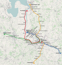 Streckennetz der Regio-S-Bahn mit dem Bremer Hbf als zentralem Knotenpunkt