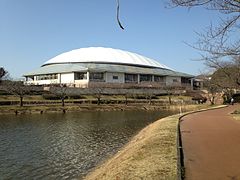 Kasuya Town Gymnasium from lakeside of Kayoichoike Pond.JPG