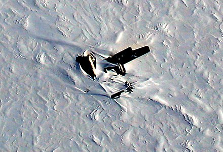 NASA photo of the Kee Bird remaining of the parts were broken, crumpled on an ice, 1 May 2014