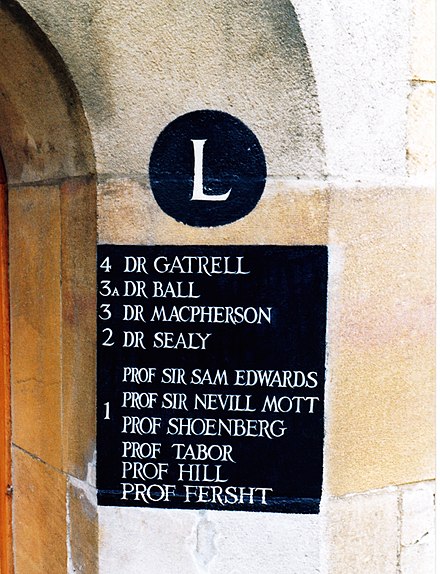 Scientists sharing L1 in Caius Court, Gonville and Caius College, Cambridge, taken in 1994 (Nevill Mott, Samuel Frederick Edwards, David Tabor, David Shoenberg, Rodney Hill, and Alan Fersht)