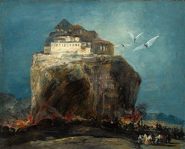 A City on a Rock, long attributed to Goya, is now thought to have been painted by 19th-century artist Eugenio Lucas Velázquez. Elements of the paintin