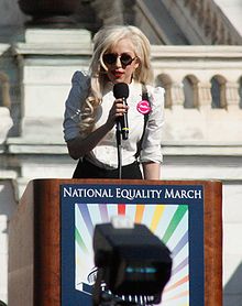 Singer and bisexual LGBTQ activist Lady Gaga delivers a speech. LadyGaga-EqualityMarch-Crop.jpg