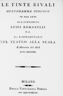 Libretto for Simon Mayr's Le finte rivali printed for the world premiere at La Scala in which Bianchi sang the role of Roberto (Source: Wikimedia)